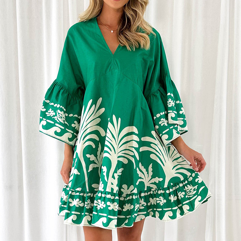 Women’s V-Neck Printed Flared Sleeve Loose Fit Mini Dress