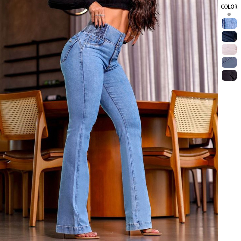 Women’s High-Waist Elastic Waistband Button-Fly Stretch Slim-Fit Wide-Leg Long Jeans