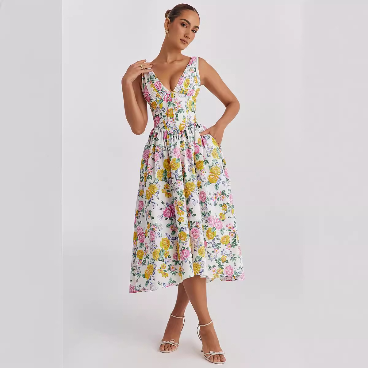 Women’s Summer New Arrival Elegant V-Neck Waist-Cinching Slim-Fit Sleeveless Floral Vacation Midi Dress