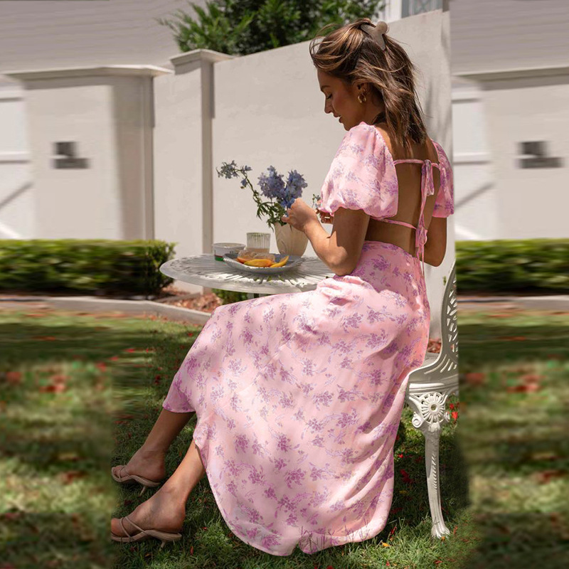 Women’s New Arrival Backless Hot Girl Spring Puff Sleeve Floral Dress – Slimming Light Luxury