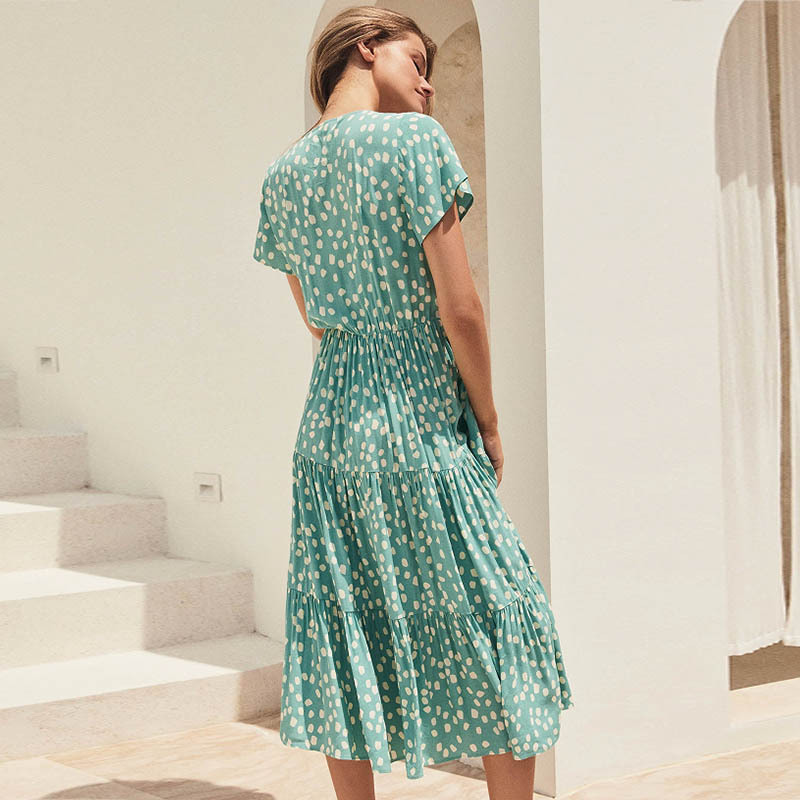 Women’s Spring/Summer New Arrival V-Neck Button Floral Short Sleeve Resort Casual Dress