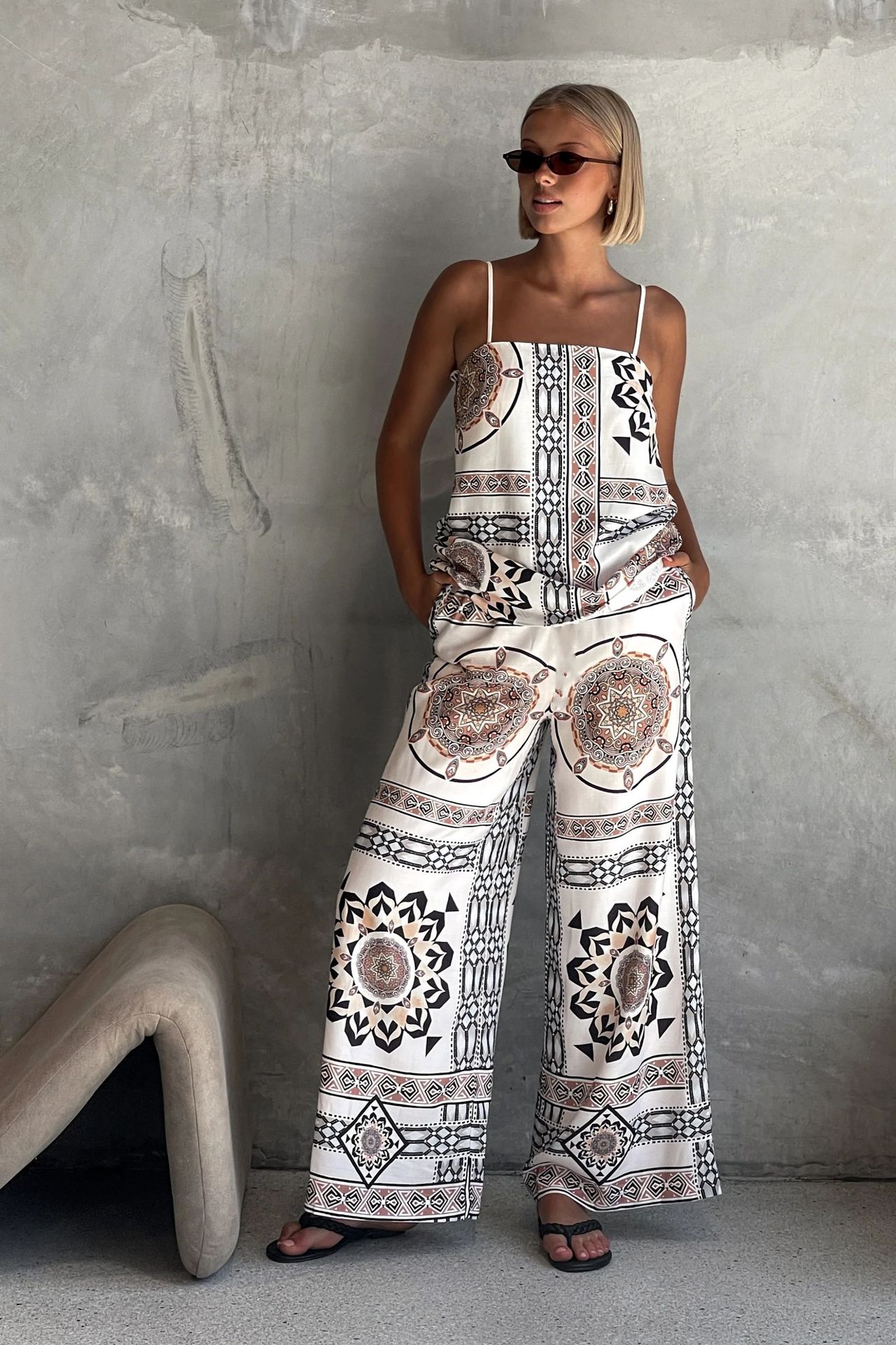 Women’s Placement Print Loose Casual Camisole Top + Wide-Leg Straight Pants Set