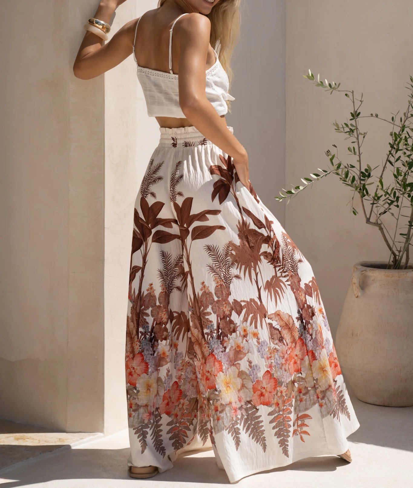 Women’s Summer New Arrival Leaf Print Loose Wide-Leg Casual Pants