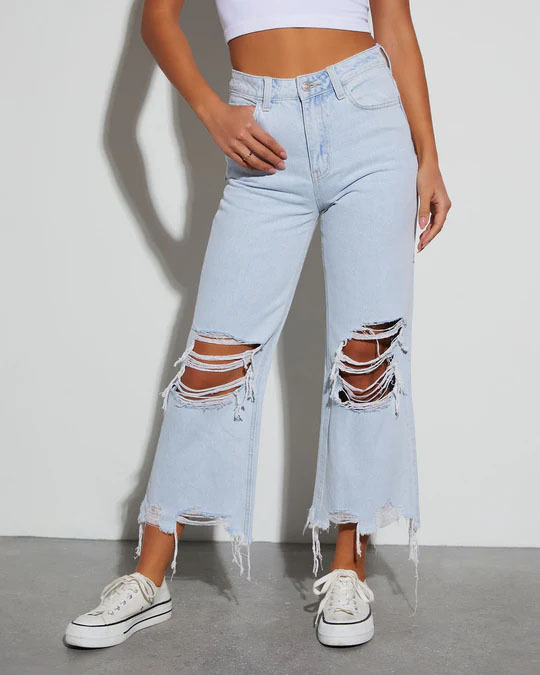 Women’s Vintage Wide-Leg Loose Straight-Leg Ripped Long Jeans