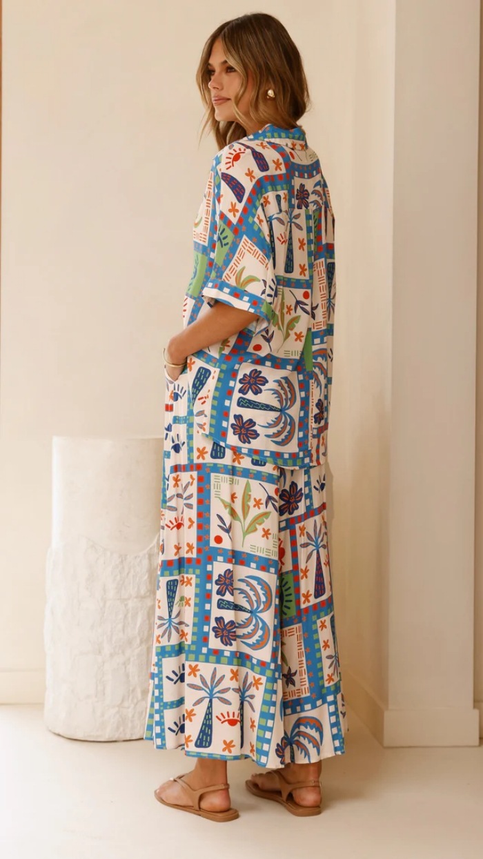 Women’s Summer New Arrival Beach Print Resort Casual Loose Short Sleeve Shirt + Wide-Leg Pants Set