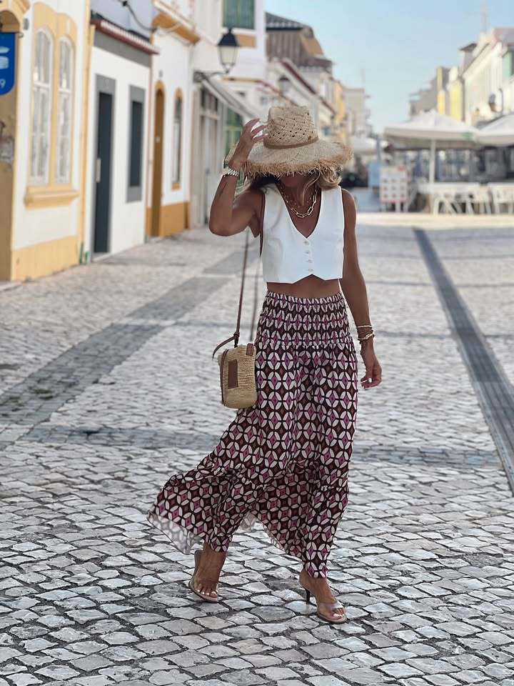 Women’s Fall New Arrival Print Elastic Waist Flared Resort Long Skirt