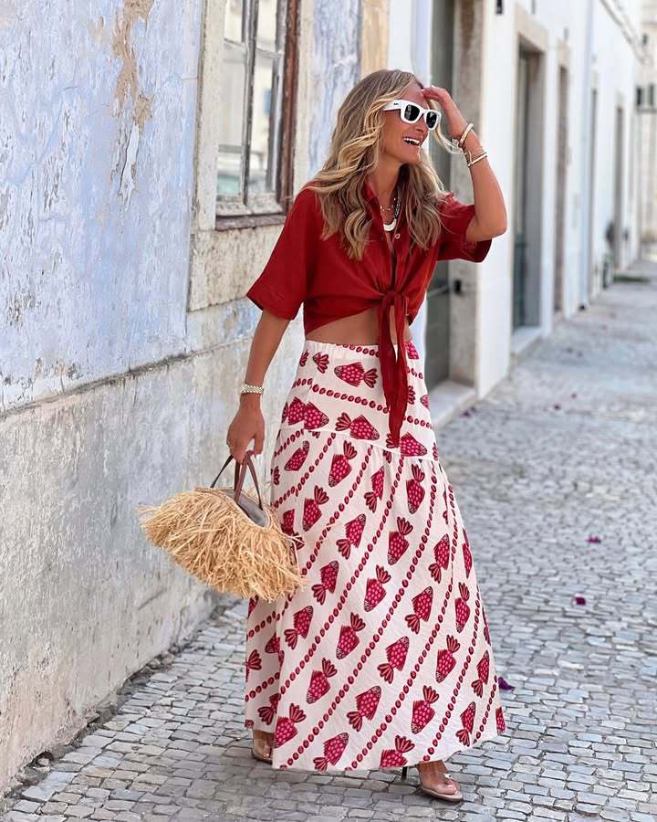 Women’s Fall New Arrival Printed High-Waist Casual Resort Long Skirt