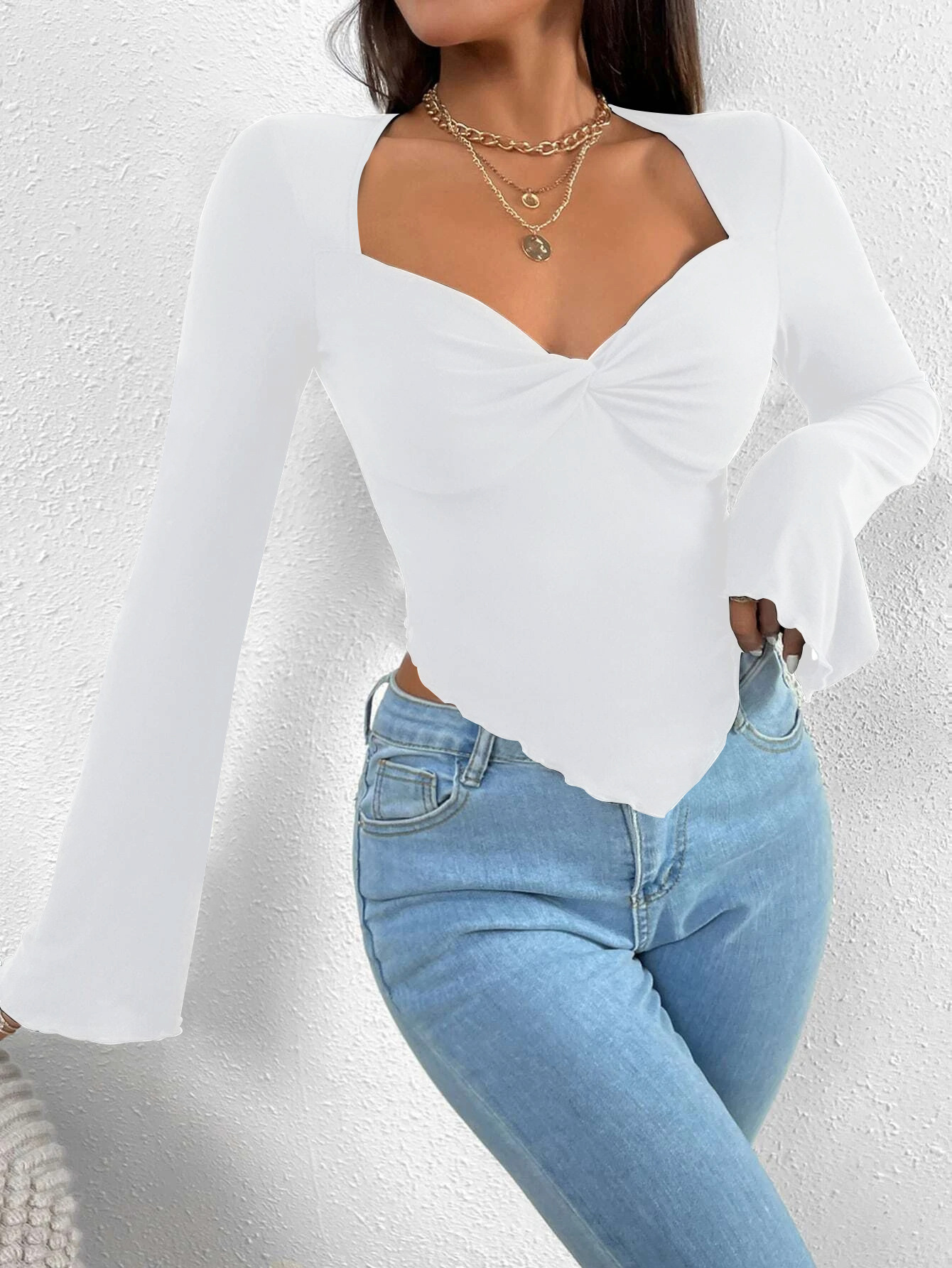 Women’s Resort V-Neck Flare Sleeve Waist-Cinching Asymmetric Knit Long Sleeve T-Shirt Top
