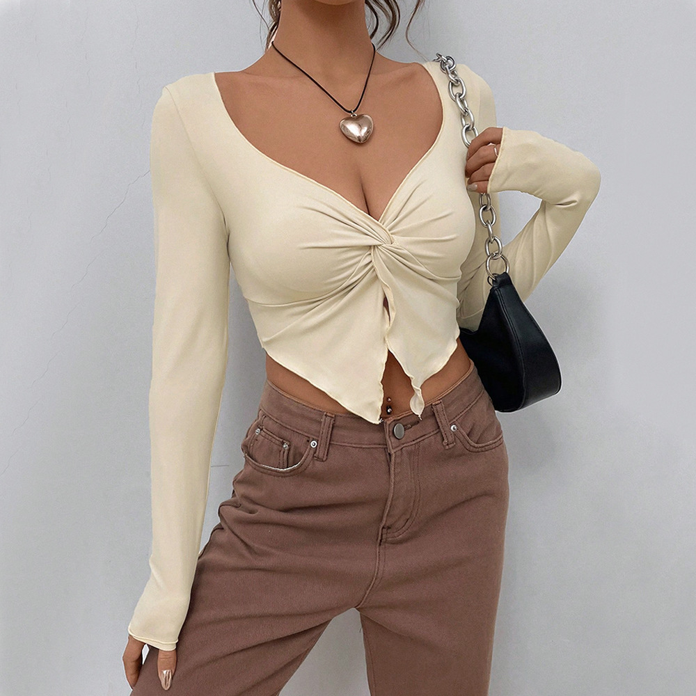Women’s Fall/Winter 2026 New Arrival Slim-Fit V-Neck Twist Knot Fashion Knitwear – Cropped Long Sleeve Top