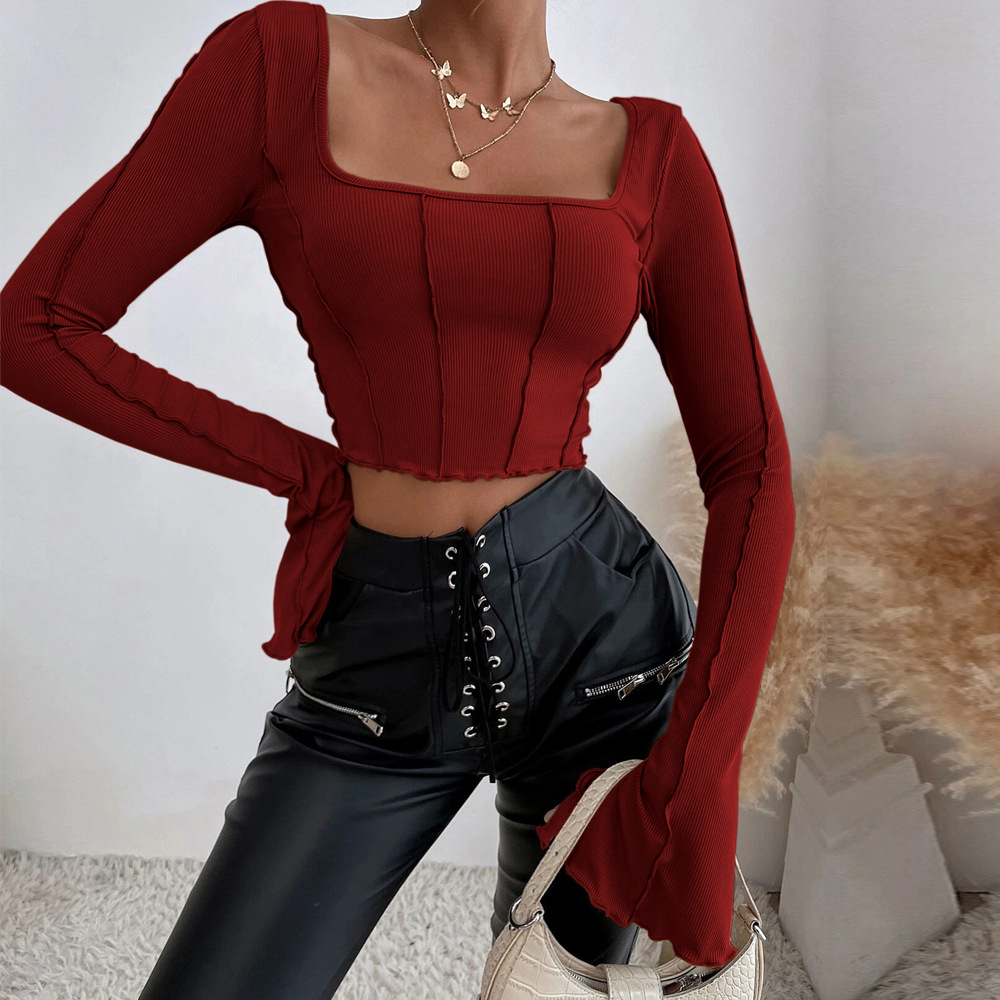 Women’s Spring/Summer 2026 New Arrival Slim-Fit Long Sleeve Square Neck Pullover Knit T-Shirt Top