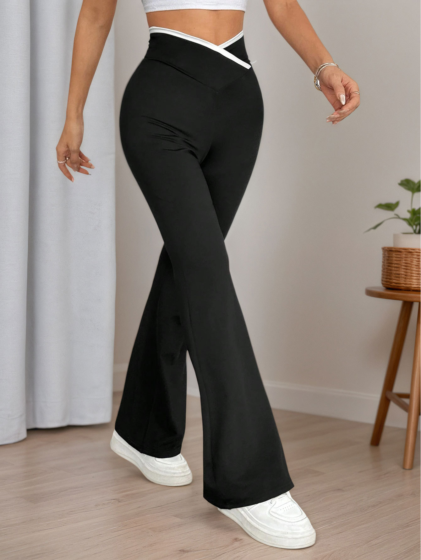 Women’s Cross Waistband Color-Block High-Waist Pants – Spring/Summer Knit Draping Micro-Flared Pants Slimming Stretch Flared Trousers