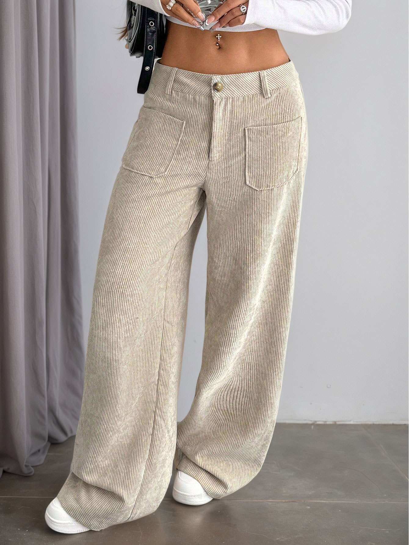 Women’s Corduroy Spring/Summer Dark Brown Vertical Stripe High-Waist Wide-Leg Loose Slimming Casual Pants