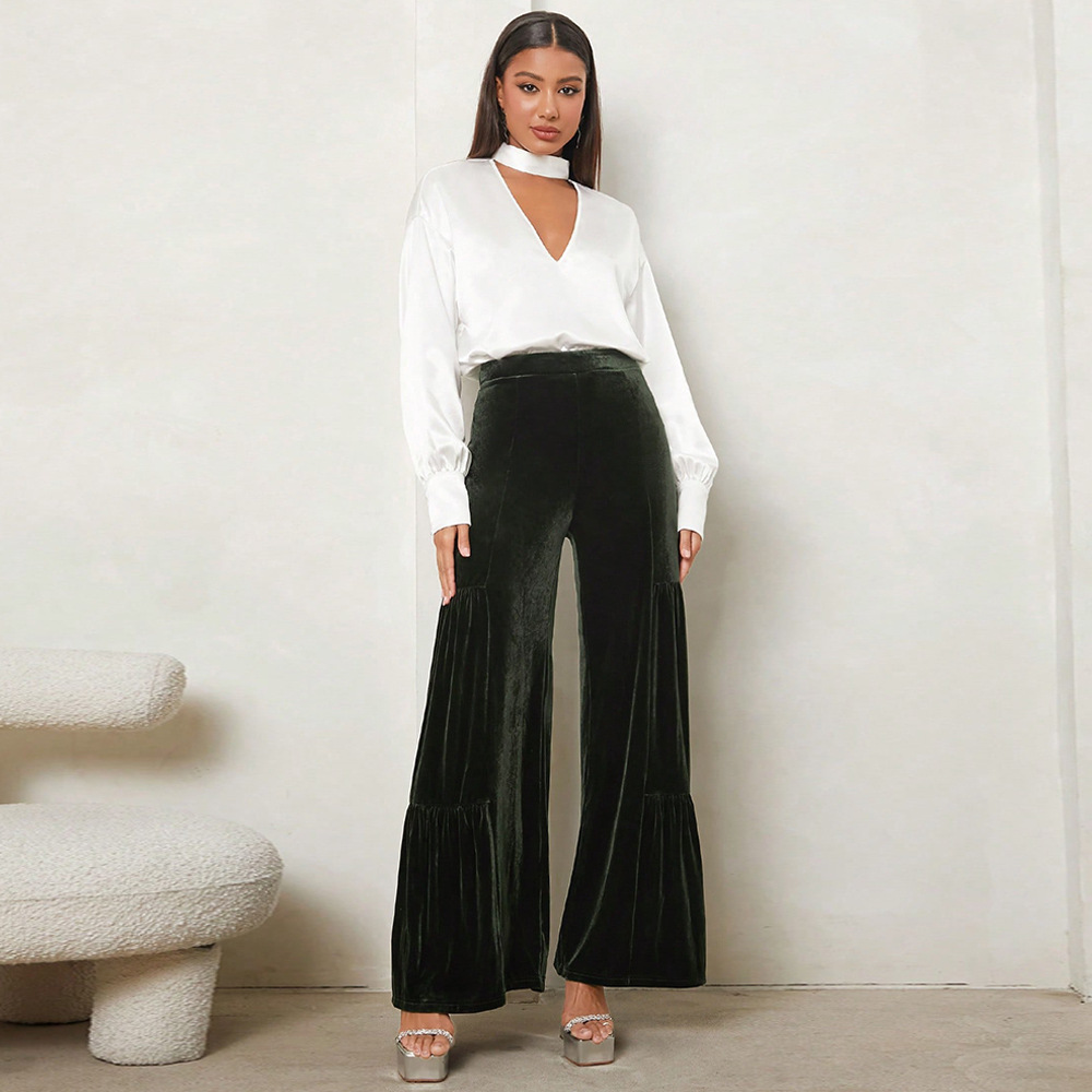 Women’s Fall/Winter Velvet Wide-Leg Pants – Ruffled High-Waist Straight Loose Slimming Elegant Long Pants