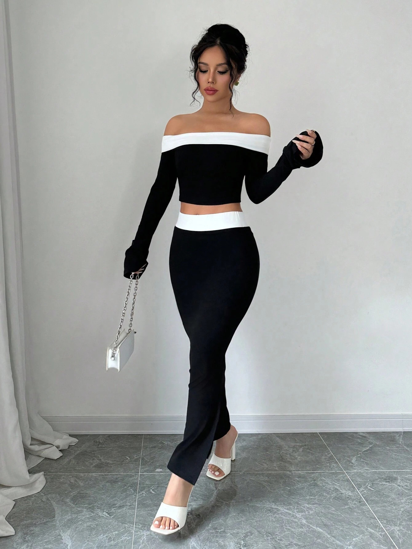 Women’s Sexy Off-Shoulder Color-Block Two-Piece Dress – New Slim-Fit High-Waist Slit Skirt Fashion Set