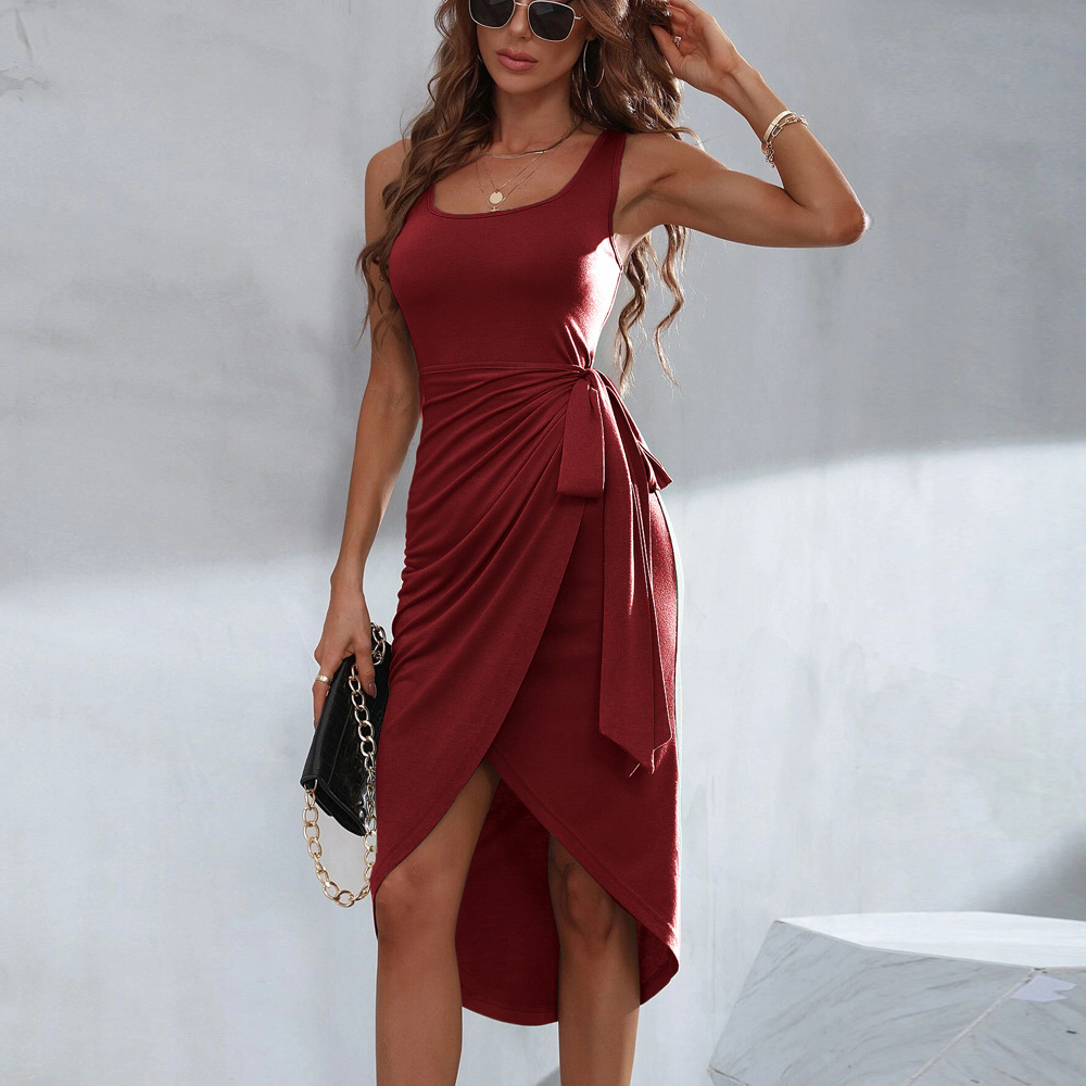 Women’s Commuter Style Square Neck Sleeveless Dress – Summer New Arrival Asymmetric Pullover Solid Midi Dress