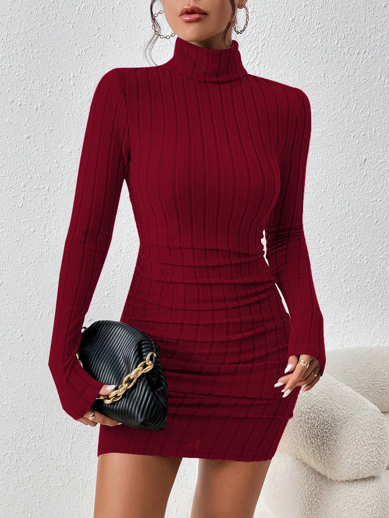 Women’s 2026 European & American Cool Chic Style Burgundy Dress – Fall/Winter Minimalist High-Neck Versatile Short Dress