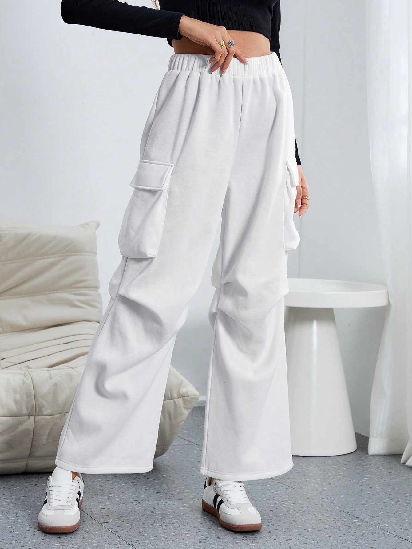 Women’s 2026 Fall/Winter Elastic Waist Cargo Pants – High-Street Loose Straight Wide-Leg Sports Casual Long Pants