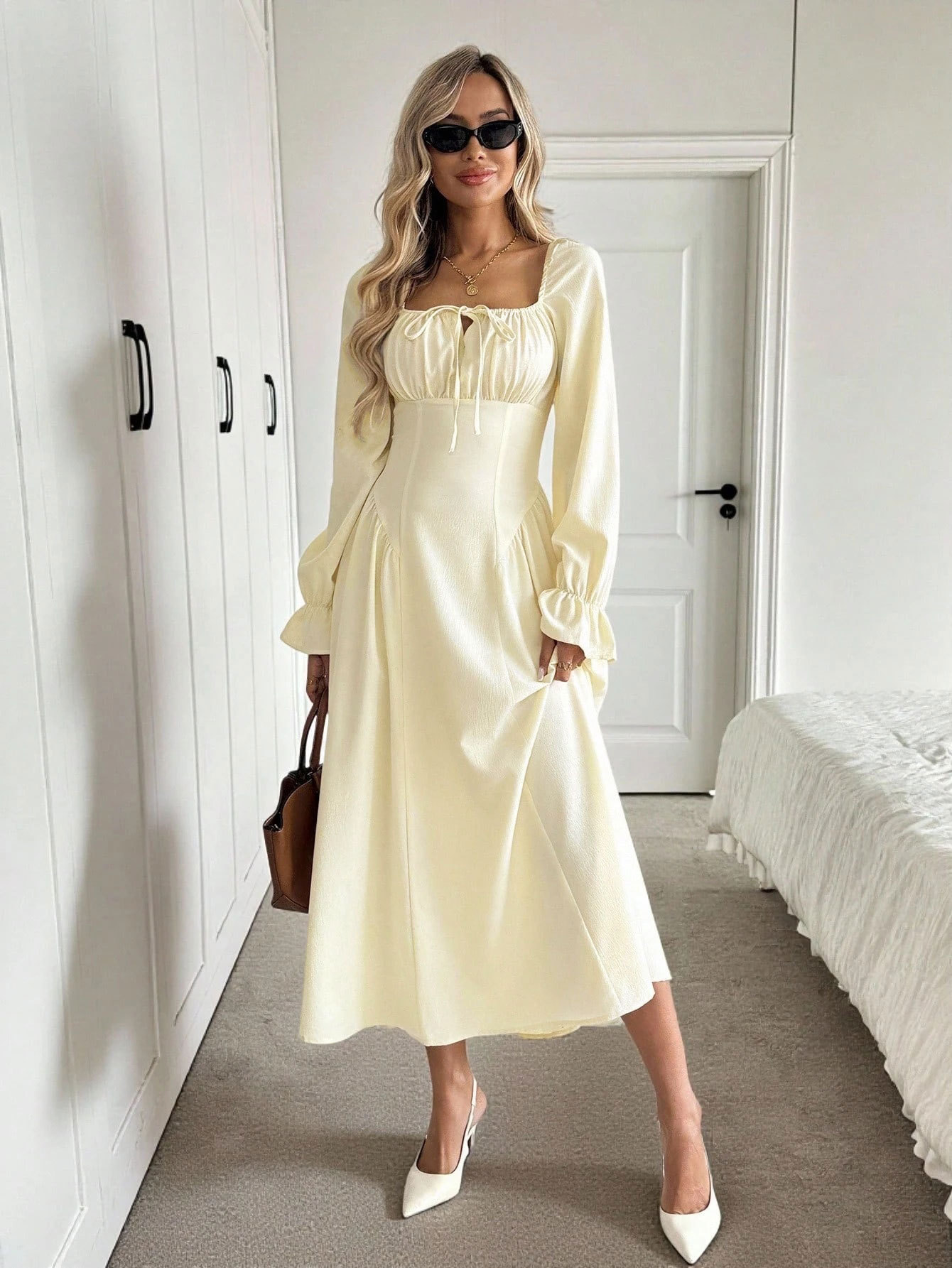Women’s Soft Style Square Neck Tie Long Sleeve Dress – Ruched Waist-Cinching Slimming A-Line Flared Skirt