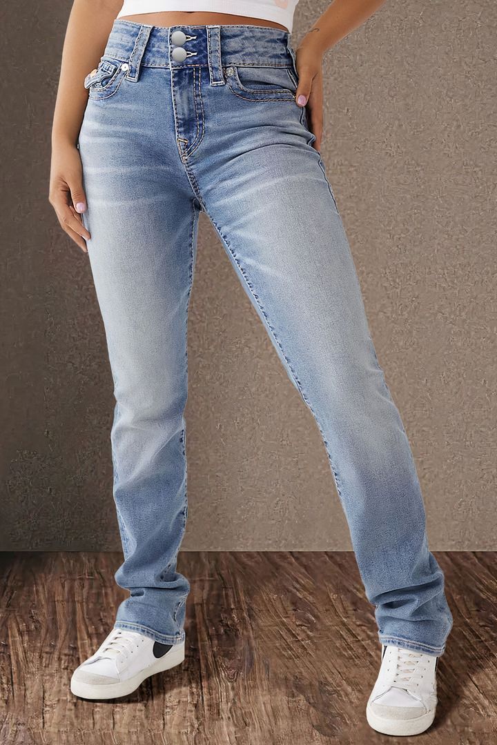 Women’s Spring/Summer Mid-Rise Double Button Straight-Leg Slim-Fit Jeans – Elegant Long Denim Pants