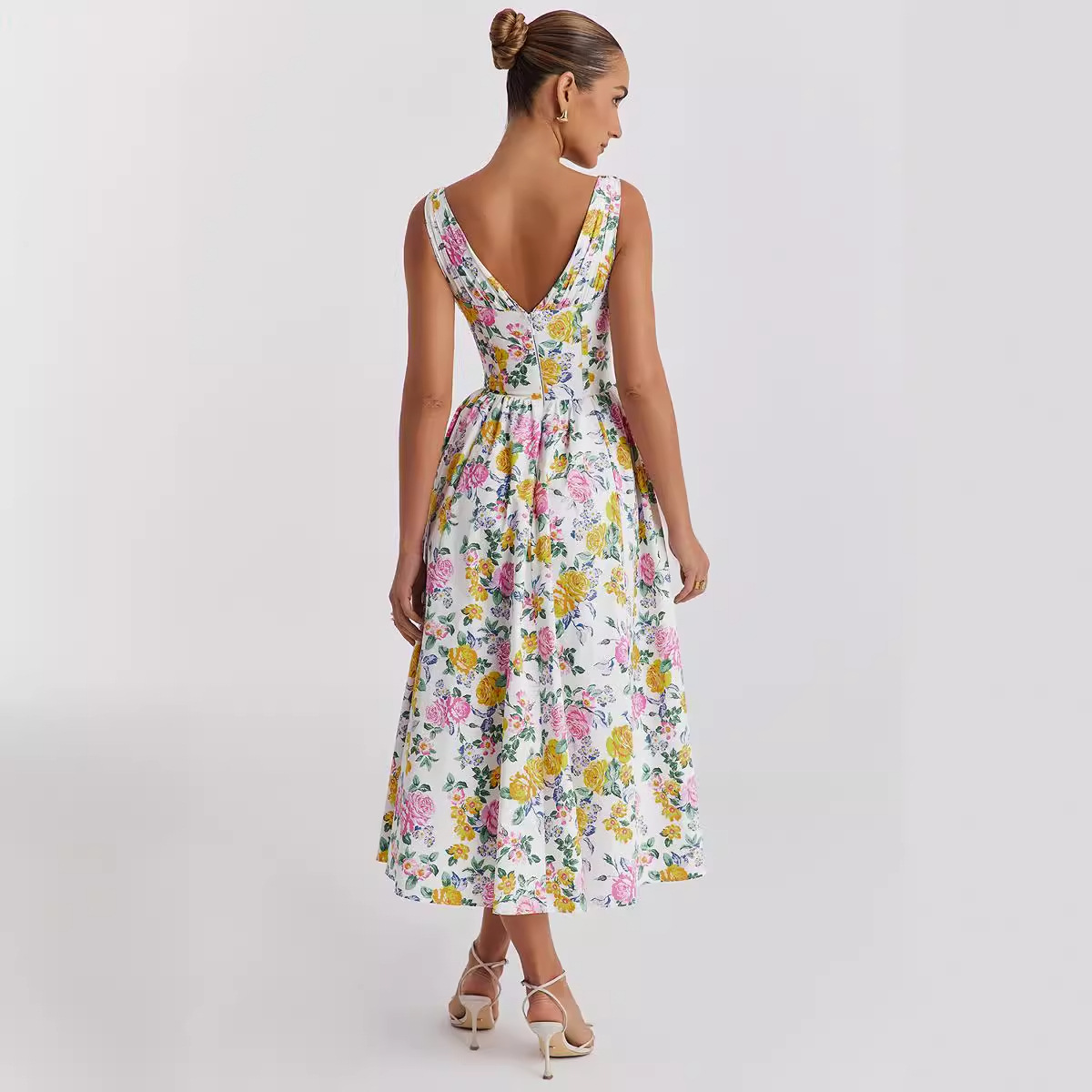 Women’s Summer New Arrival Elegant V-Neck Waist-Cinching Slim-Fit Sleeveless Floral Vacation Midi Dress