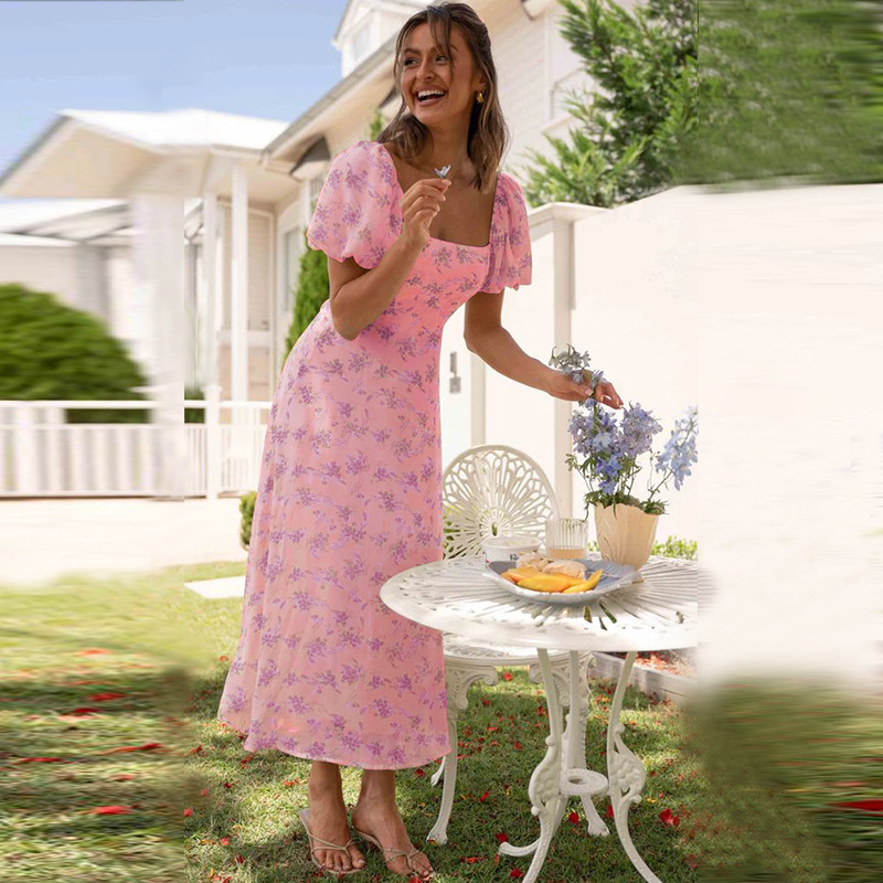 Women’s New Arrival Backless Hot Girl Spring Puff Sleeve Floral Dress – Slimming Light Luxury