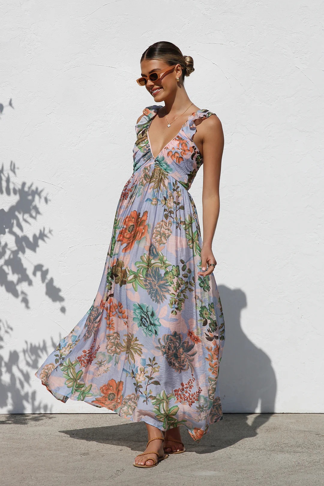 Women’s Summer New Arrival Ins Style Printed V-Neck Flared Camisole Maxi Dress