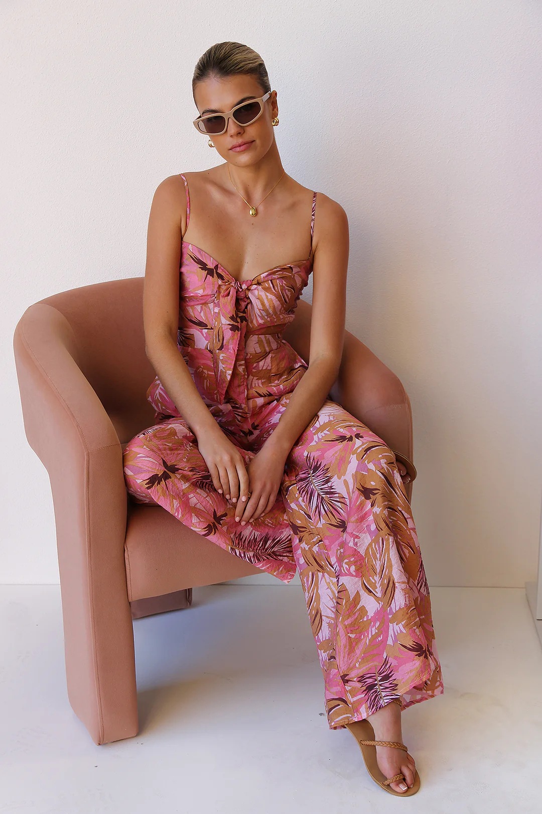 Women’s Summer New Arrival Printed Tie Shirred Waist-Cinching Wide-Leg Camisole Jumpsuit