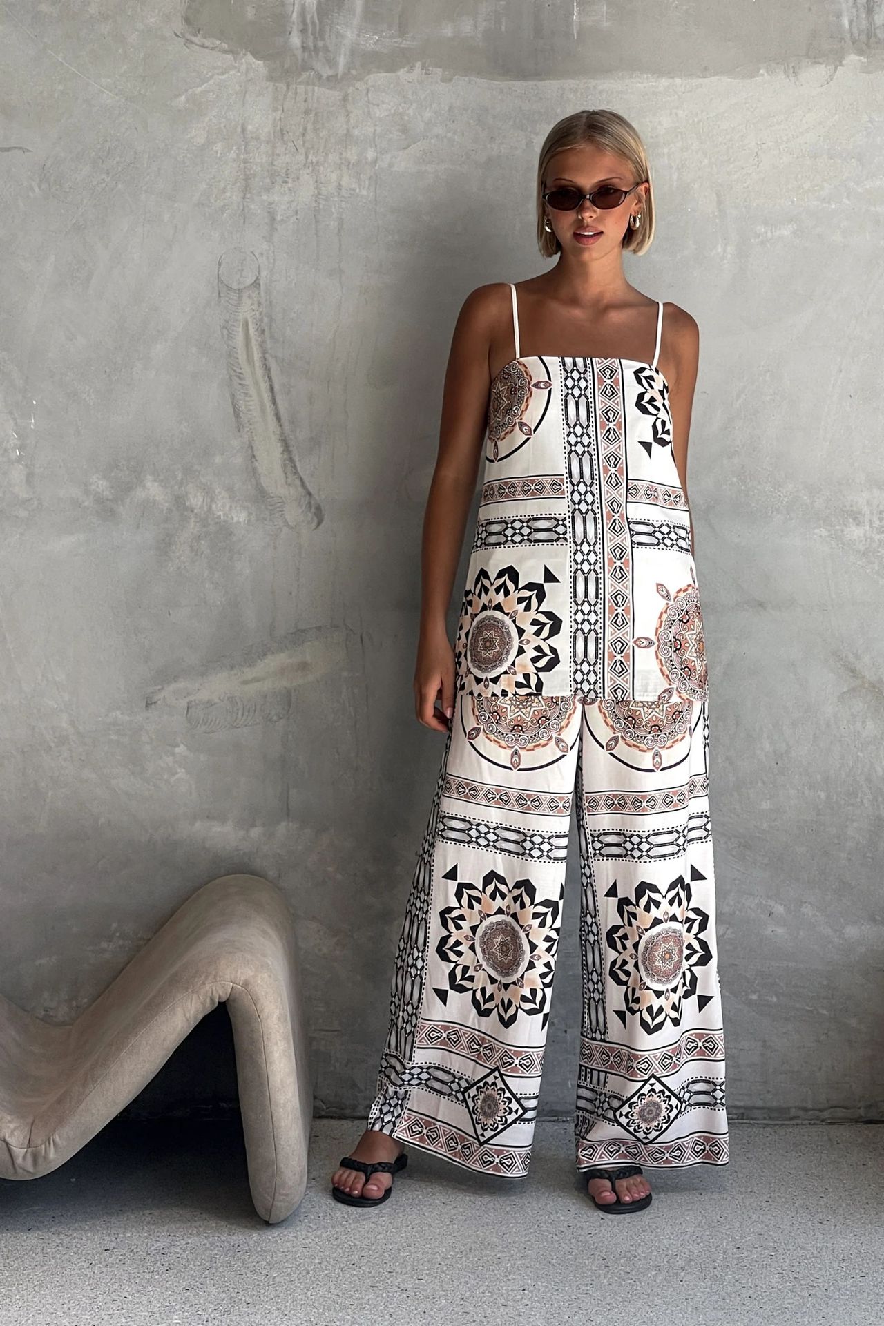 Women’s Placement Print Loose Casual Camisole Top + Wide-Leg Straight Pants Set