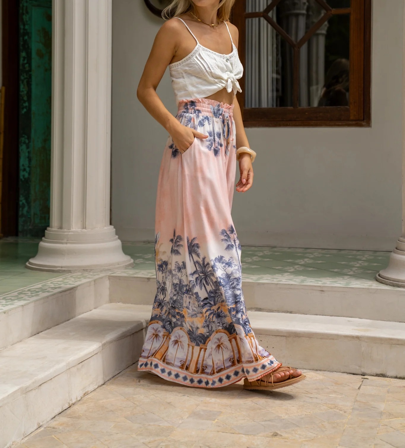 Women’s Summer New Arrival Printed Casual Resort Elastic Waist Wide-Leg Long Pants