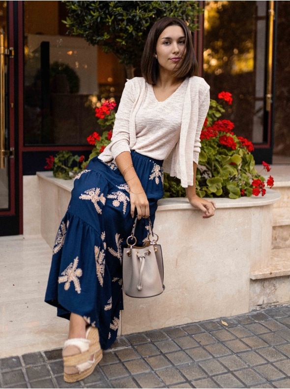 Women’s Fall New Arrival Elastic Waist Printed Flared Long Skirt