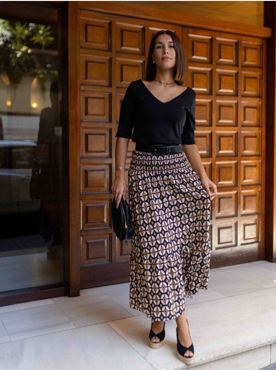 Women’s Ins Influencer Style Print Shirred Elastic Waist Flared Long Skirt