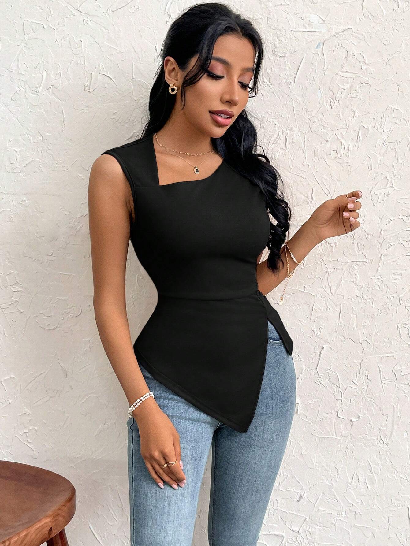 Women’s Elegant T-Shirt – Spring/Summer 2026 New Arrival Asymmetric Neck Slim-Fit Short Solid Top