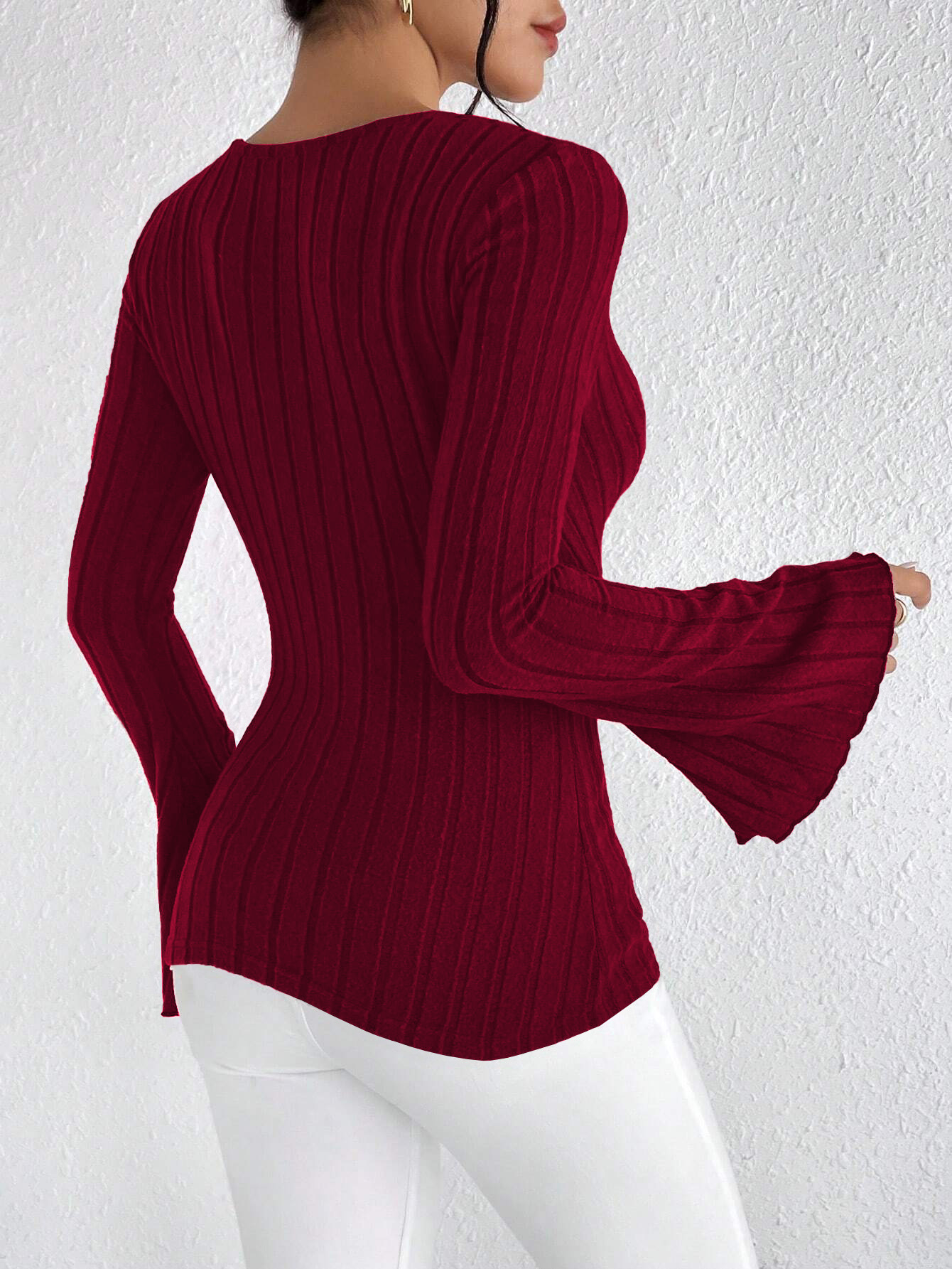 Women’s V-Neck Flare Sleeve Burgundy T-Shirt – Spring/Summer Slim-Fit Base Layer Top
