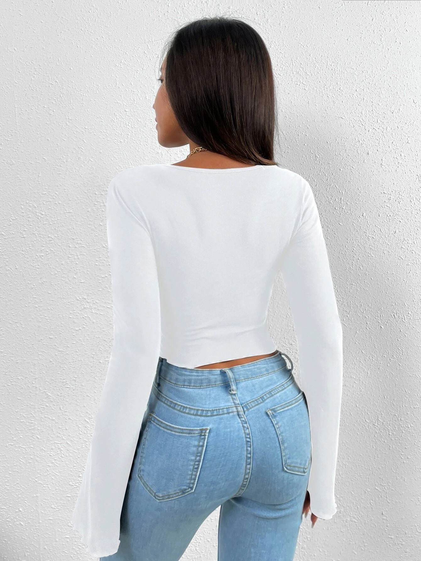 Women’s Resort V-Neck Flare Sleeve Waist-Cinching Asymmetric Knit Long Sleeve T-Shirt Top