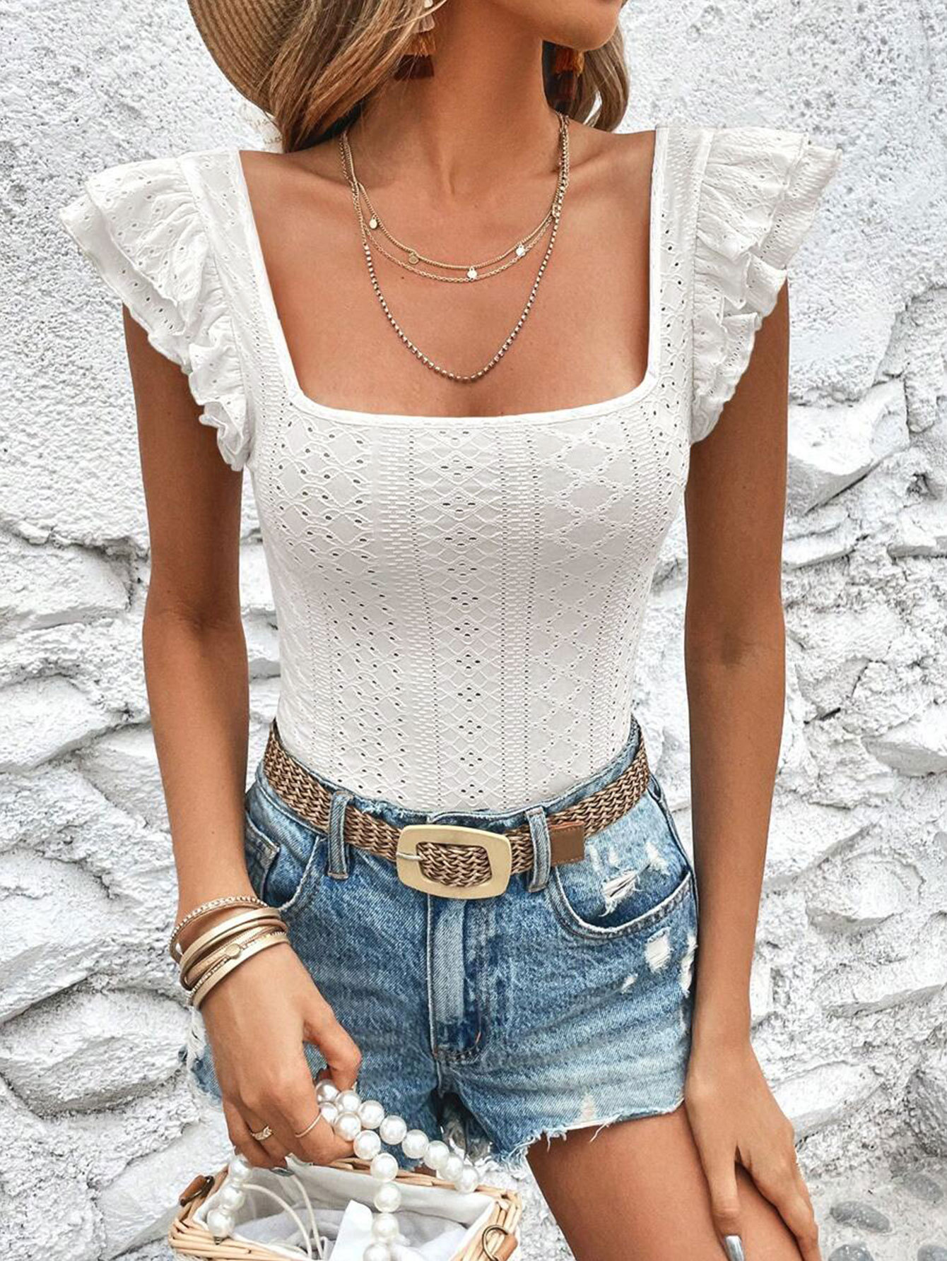 Women’s Summer New Arrival Square Neck Ruffled Slim-Fit T-Shirt