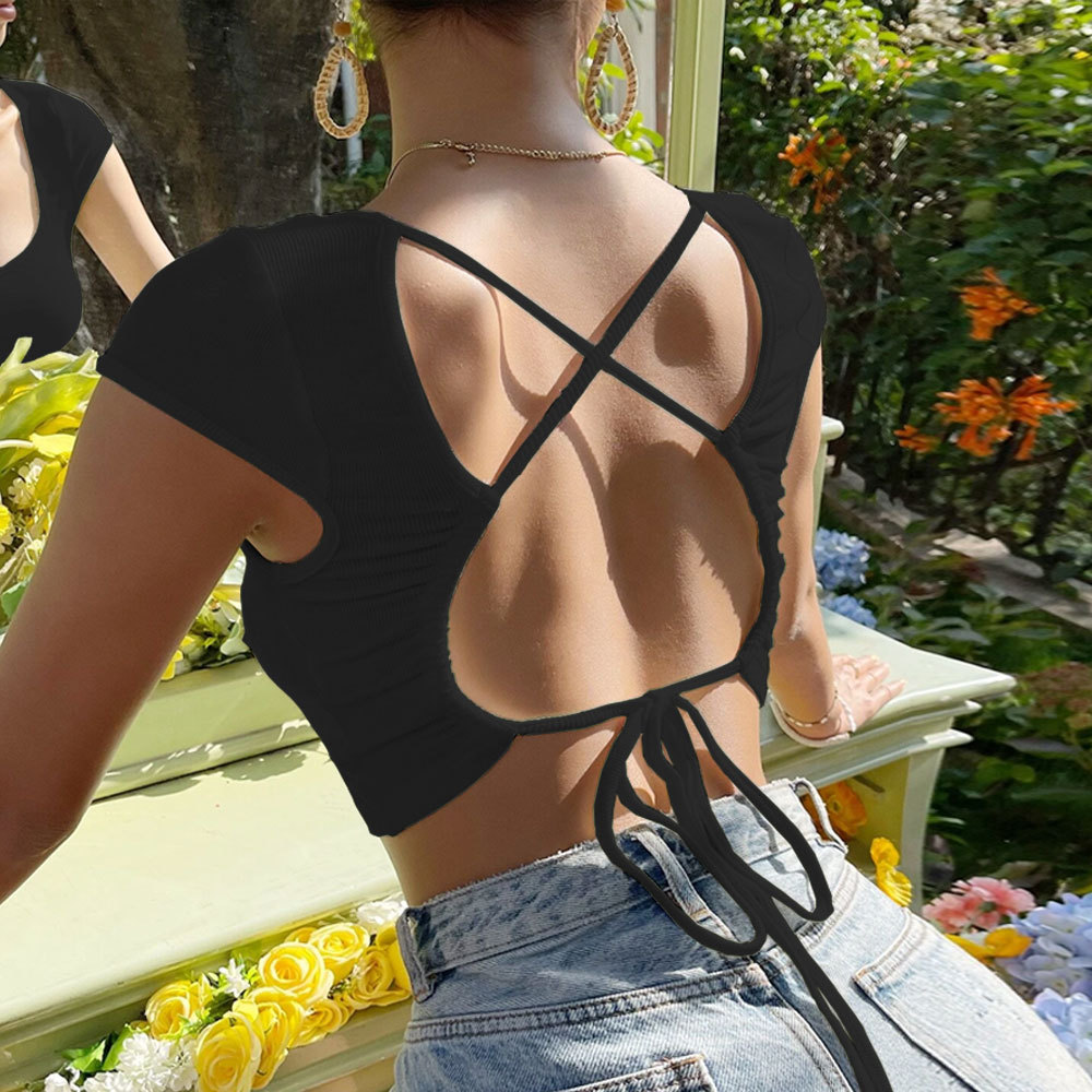 Women’s Spring/Summer 2026 New Arrival – V Back Cropped Sexy Round Neck Short Sleeve T-Shirt