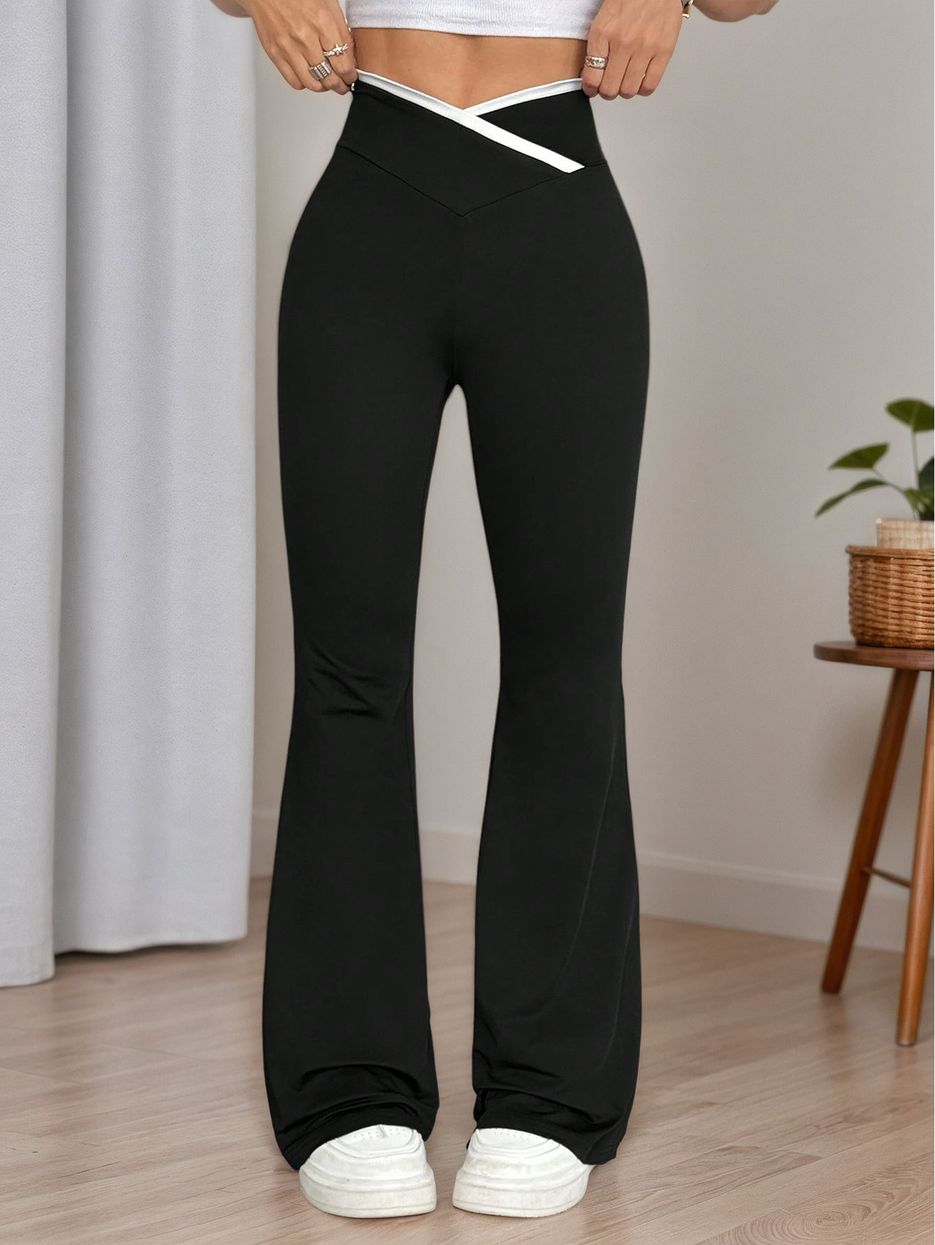 Women’s Cross Waistband Color-Block High-Waist Pants – Spring/Summer Knit Draping Micro-Flared Pants Slimming Stretch Flared Trousers