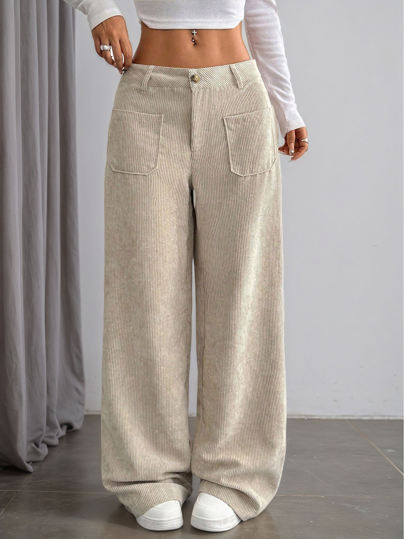 Women’s Corduroy Spring/Summer Dark Brown Vertical Stripe High-Waist Wide-Leg Loose Slimming Casual Pants