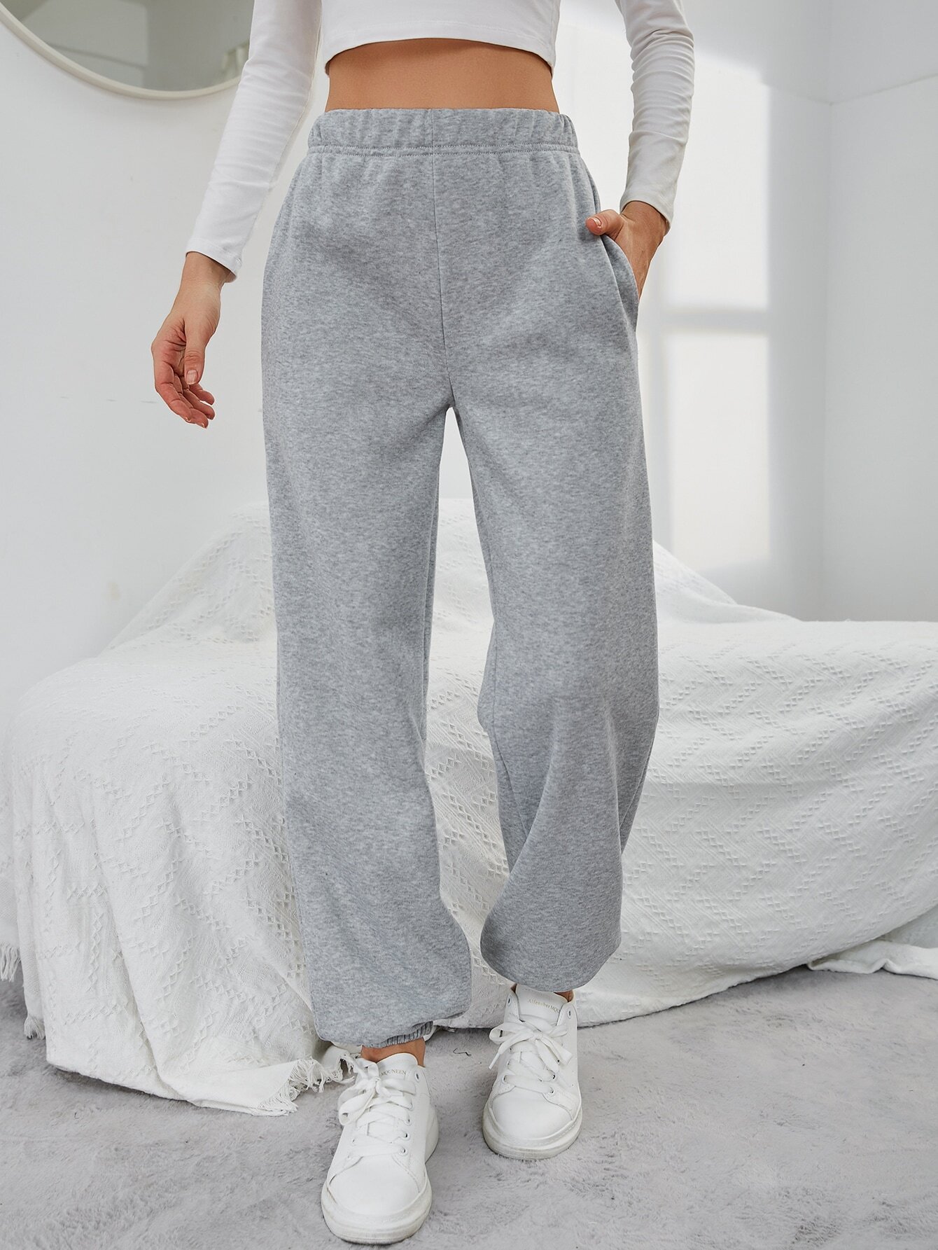 Women’s 2026 Minimalist Straight-Leg Casual Pants – Spring/Summer Pocket Design High-Waist Sport Fleece-Lined Long Pants