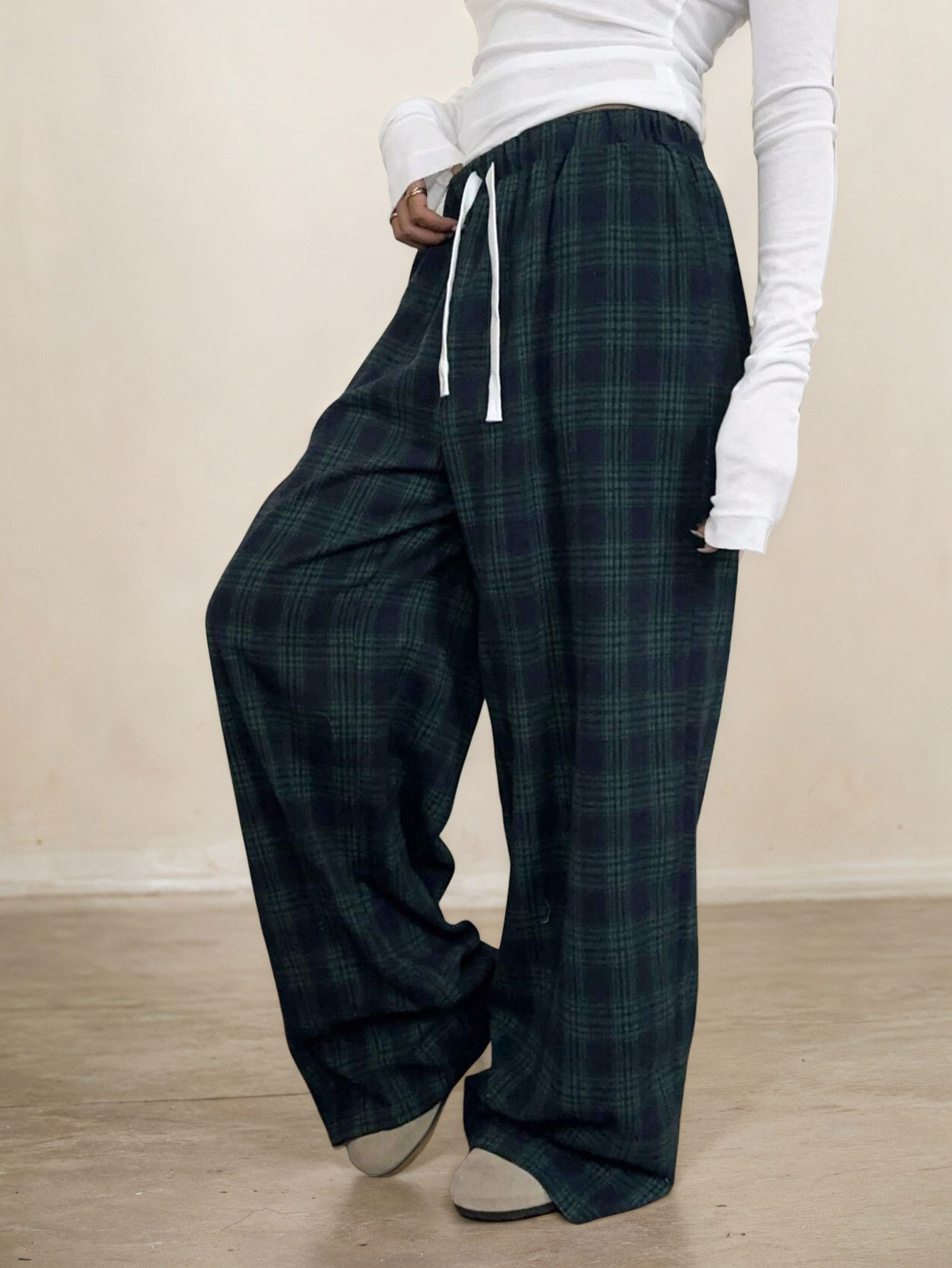 Women’s 2026 Versatile Casual Plaid Long Pants – Spring/Summer Elastic Waist Casual Pants