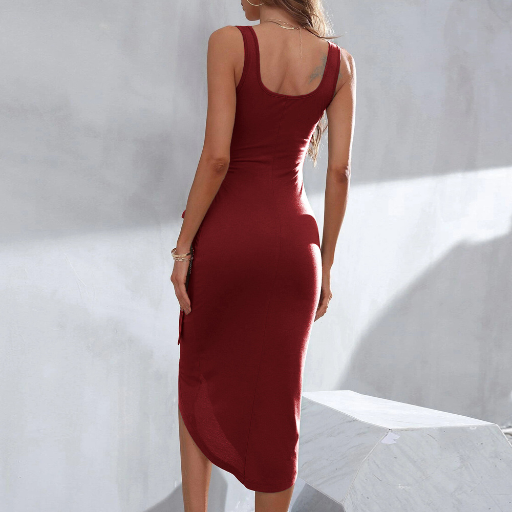Women’s Commuter Style Square Neck Sleeveless Dress – Summer New Arrival Asymmetric Pullover Solid Midi Dress