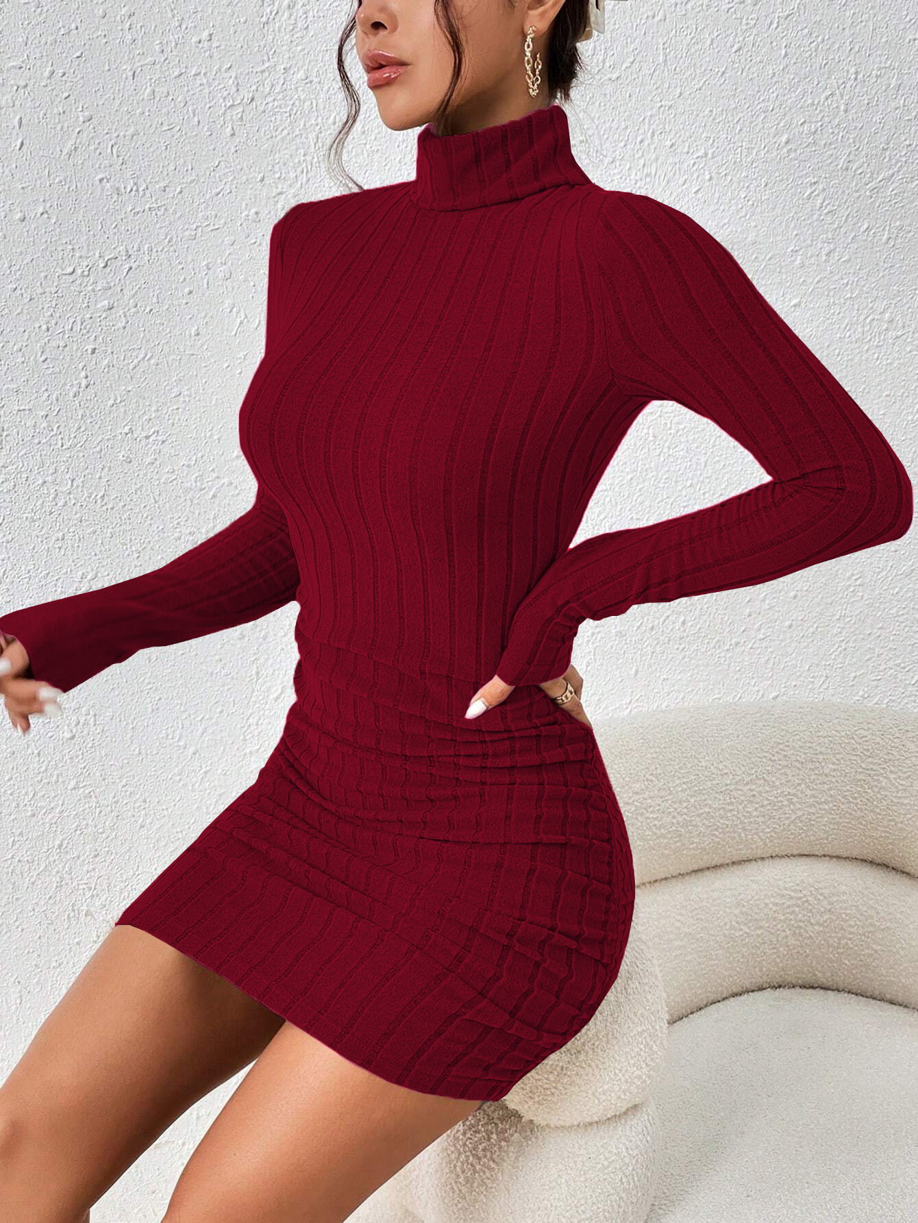 Women’s 2026 European & American Cool Chic Style Burgundy Dress – Fall/Winter Minimalist High-Neck Versatile Short Dress