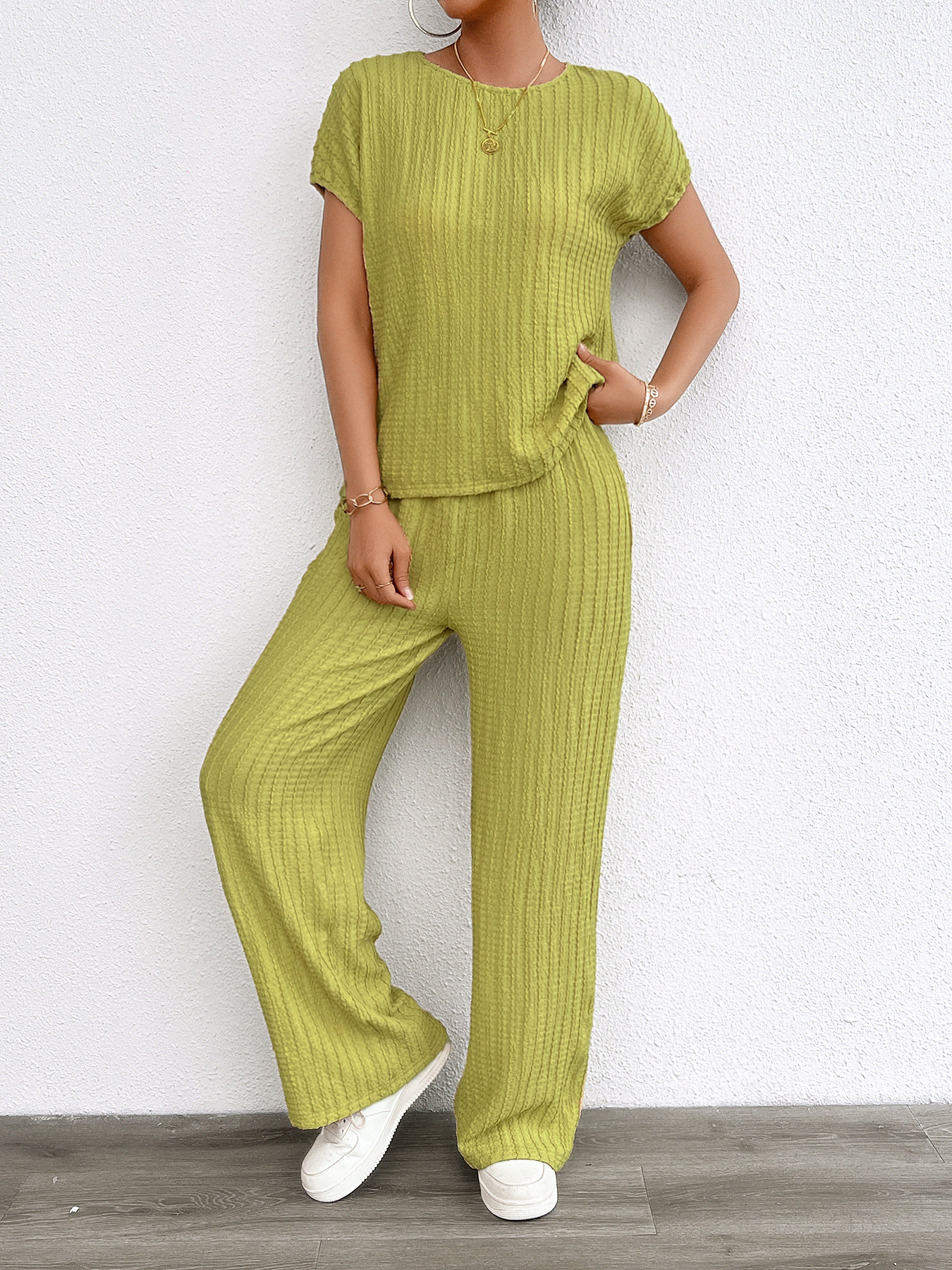 Women’s Summer Casual Fashion Two-Piece Set – Bestseller Ribbed Long Pants Lounge Set with Thousand-Leaf Pleat