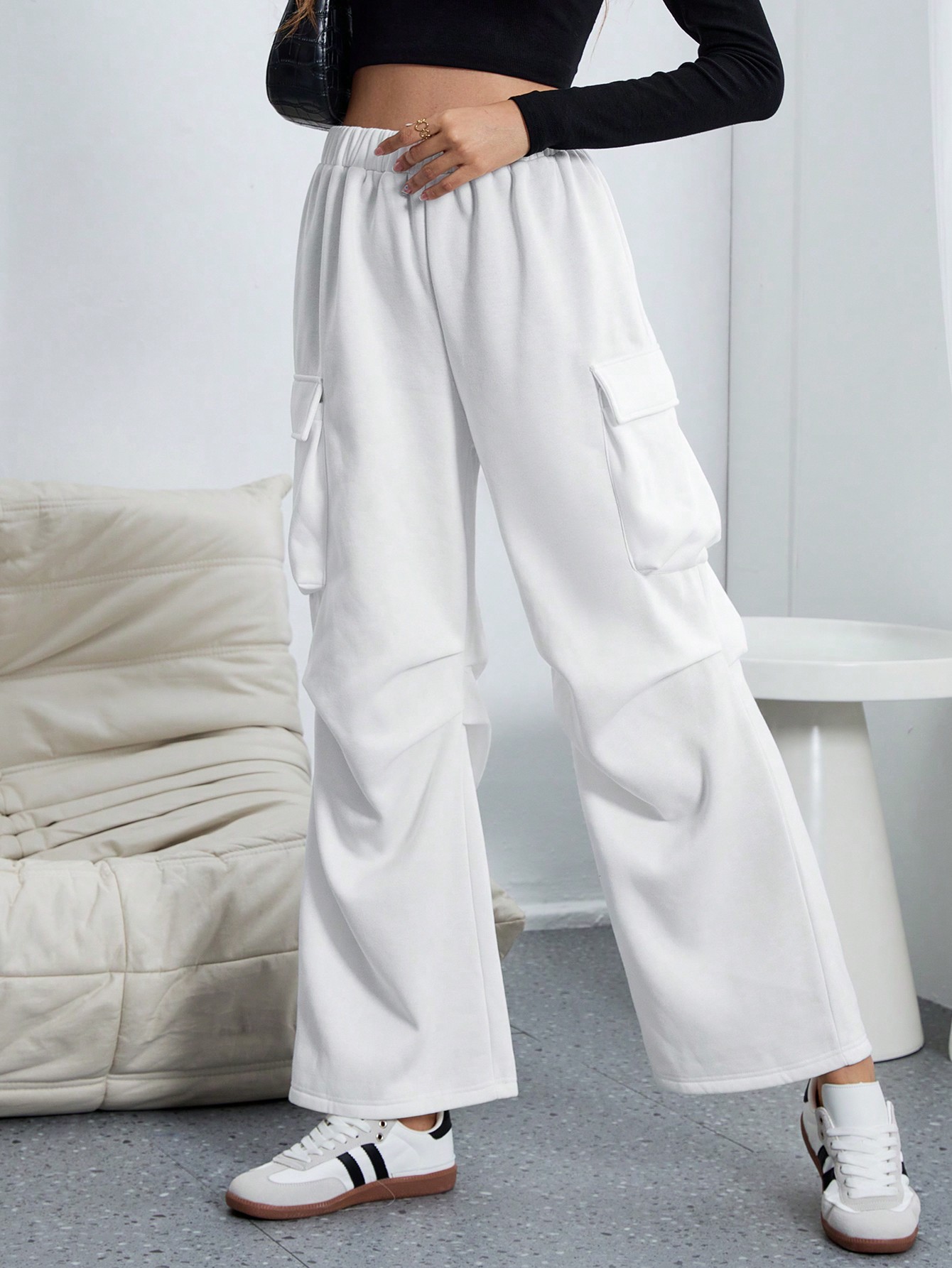 Women’s 2026 Fall/Winter Elastic Waist Cargo Pants – High-Street Loose Straight Wide-Leg Sports Casual Long Pants