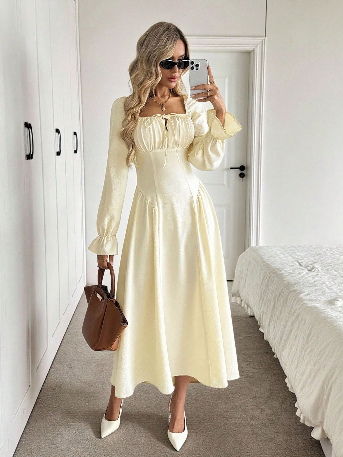 Women’s Soft Style Square Neck Tie Long Sleeve Dress – Ruched Waist-Cinching Slimming A-Line Flared Skirt