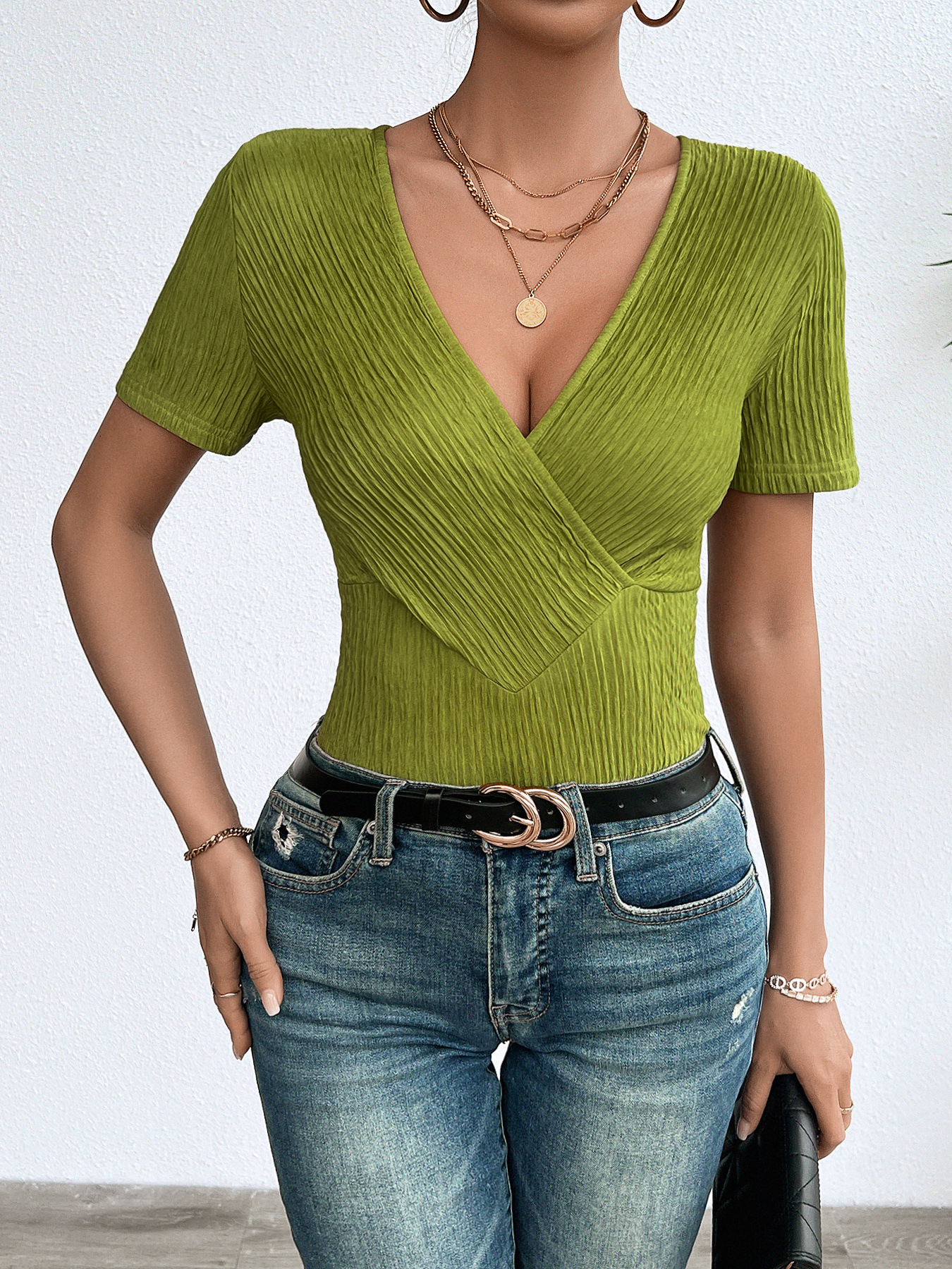 Women’s Spring/Summer Elegant Ribbed Pullover Long Sleeve V-Neck Slim-Fit T-Shirt