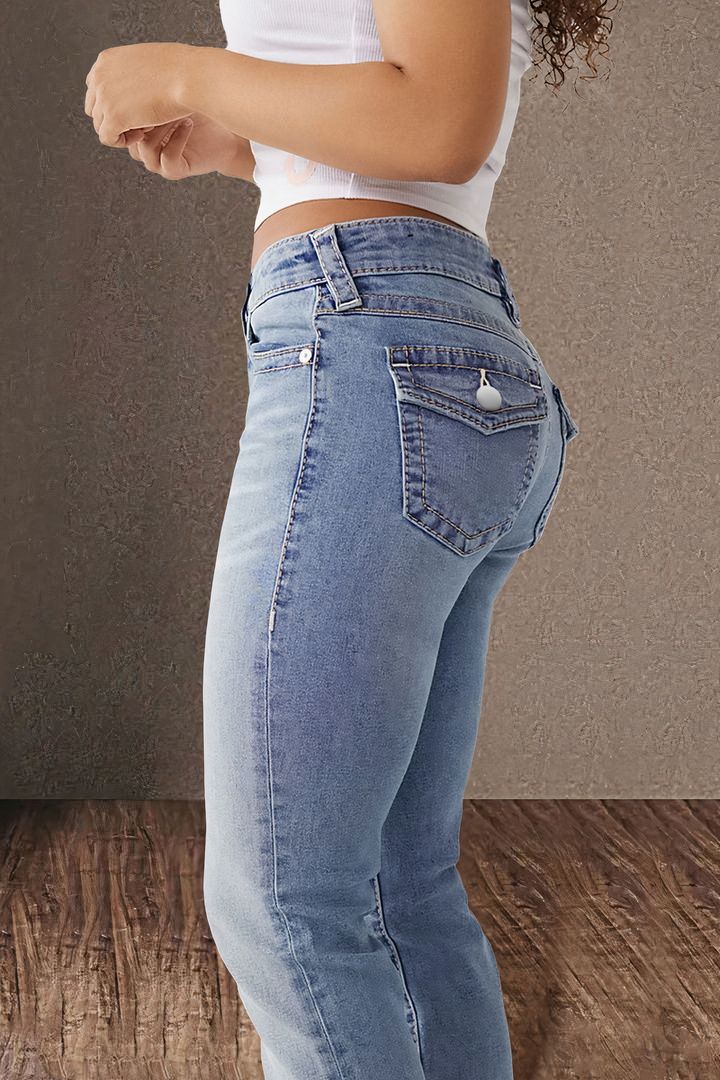 Women’s Spring/Summer Mid-Rise Double Button Straight-Leg Slim-Fit Jeans – Elegant Long Denim Pants