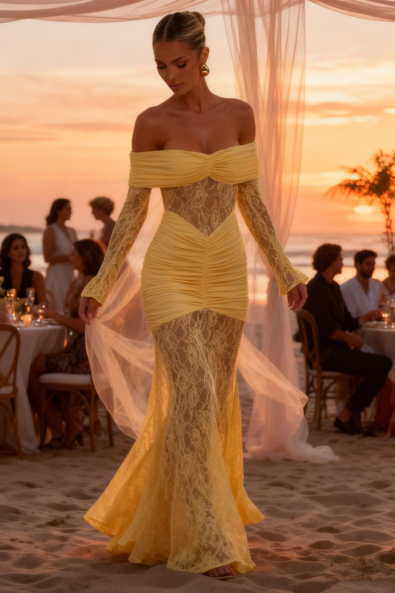 Women’s Elegant Lace Off-Shoulder Long Sleeve Backless Slim-Fit Maxi Dress – Fashion Sexy Style