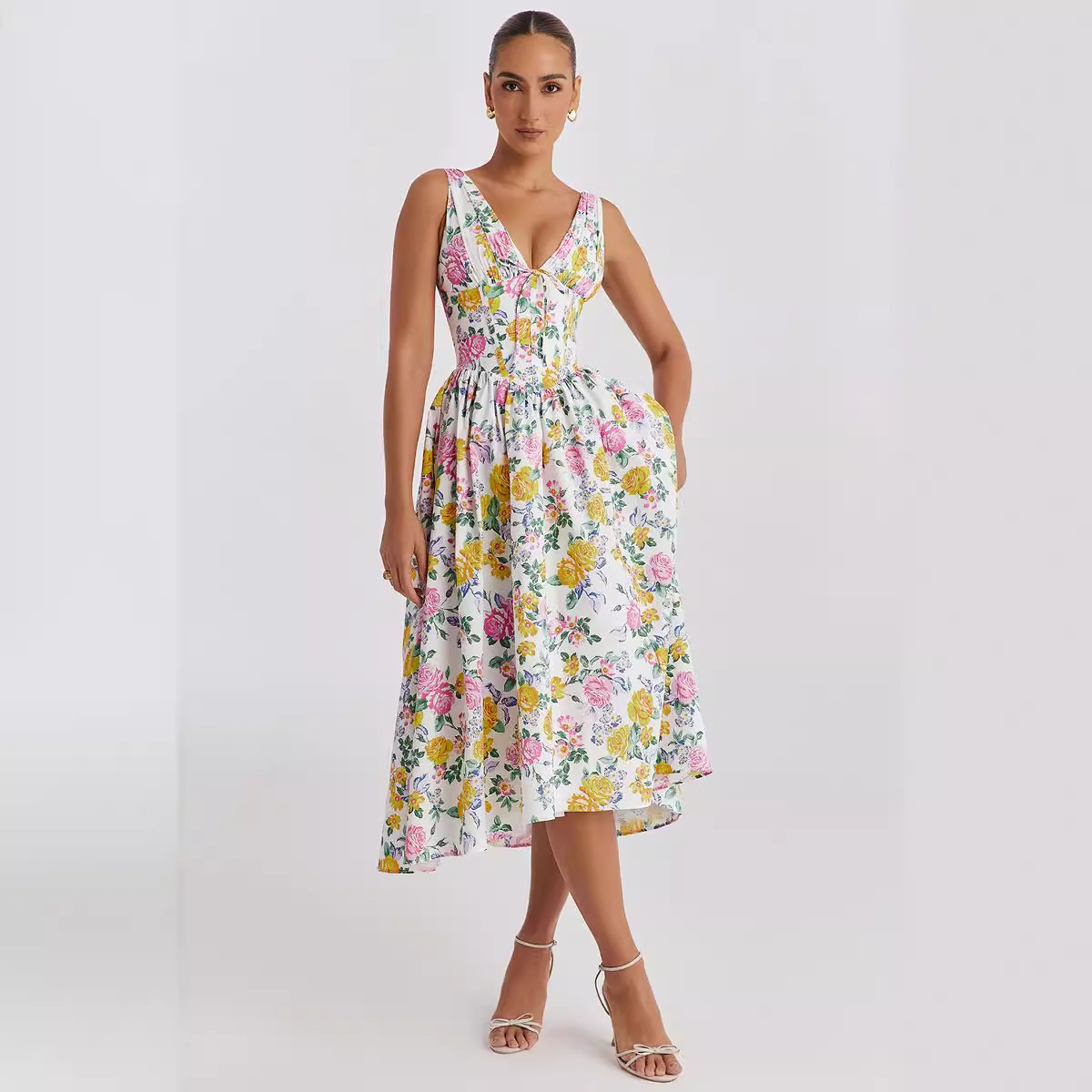 Women’s Summer New Arrival Elegant V-Neck Waist-Cinching Slim-Fit Sleeveless Floral Vacation Midi Dress