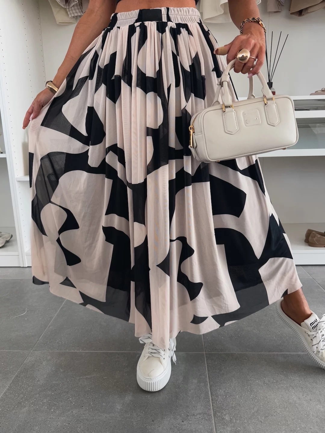 Women’s Mesh Print Waist-Cinching Flared Casual Skirt